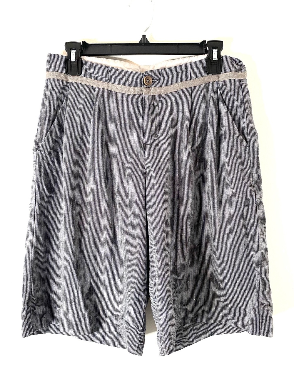 Poetry Navy White Pinstripe Linen Blend Bermuda Shorts Pleated Tailored Coastal